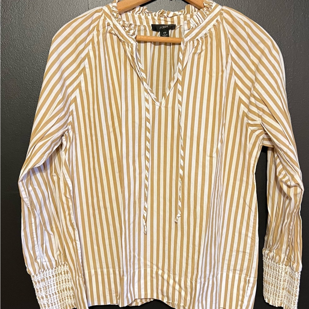 J. Crew Tan/White Striped Cotton Blouse